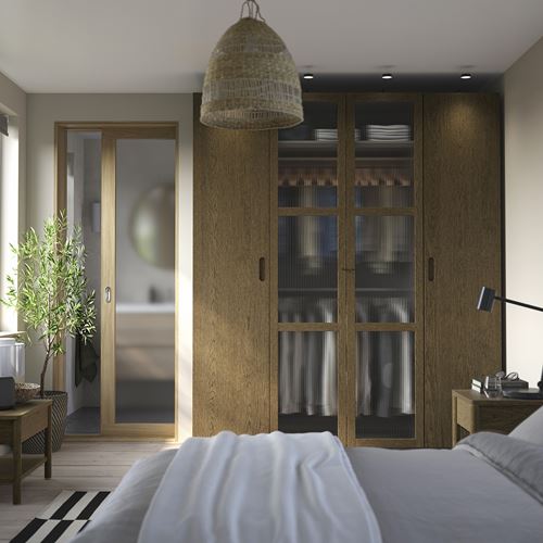 IKEA - PAX/TONSTAD, PAX gardırop, koyu gri kahverengi-meşe kaplama cam, 200x60x236 cm