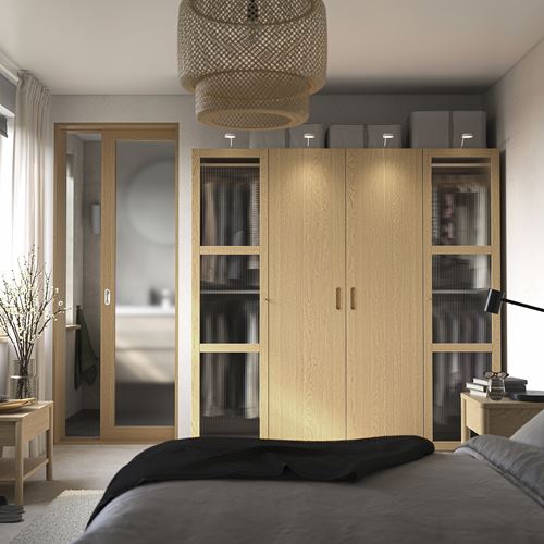 IKEA - PAX/TONSTAD, PAX wardrobe, gray-beige-oak veneer glass, 200x60x201 cm