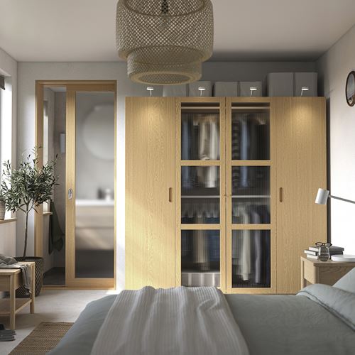 IKEA - PAX/TONSTAD, PAX wardrobe, grey-beige-oak veneer-glass, 200x60x201 cm