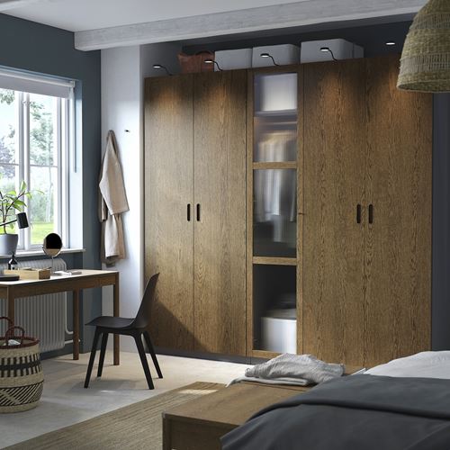 IKEA - PAX/TONSTAD, PAX wardrobe, dark gray brown-oak veneer glass, 250x60x236 cm