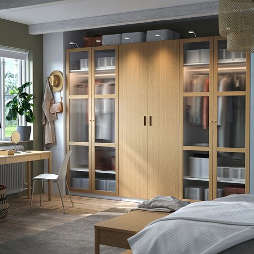 IKEA - PAX/TONSTAD, PAX wardrobe, white-oak veneer glass, 300x60x236 cm