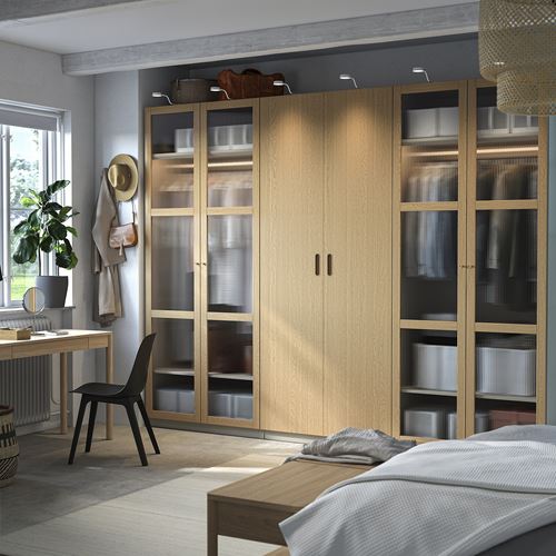 IKEA - PAX/TONSTAD, PAX wardrobe, grey-beige-oak veneer-glass, 300x60x236 cm