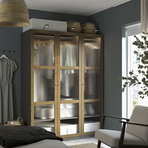 IKEA - PAX/TONSTAD, PAX wardrobe, dark gray brown-oak veneer glass, 150x60x201 cm