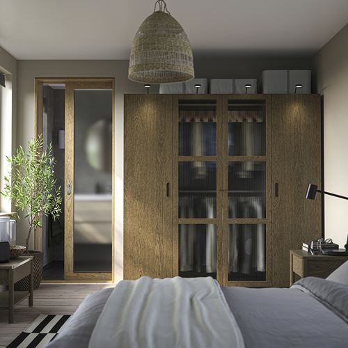 IKEA - PAX/TONSTAD, PAX wardrobe, dark gray brown-oak veneer glass, 200x60x201 cm