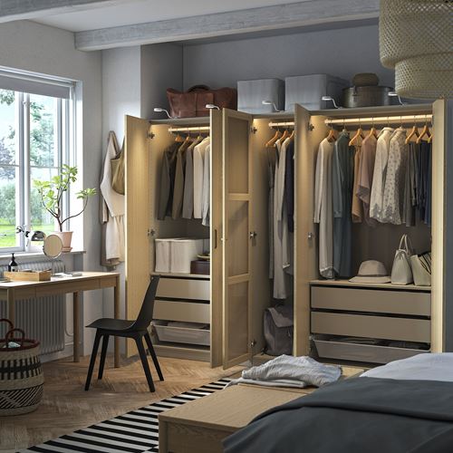 IKEA - PAX/TONSTAD, PAX wardrobe, gray-beige-oak veneer glass, 250x60x201 cm