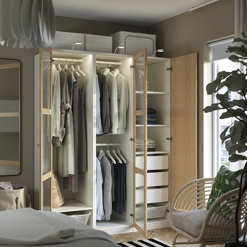 IKEA - PAX/TONSTAD, PAX gardırop, beyaz-meşe kaplama cam, 150x60x201 cm