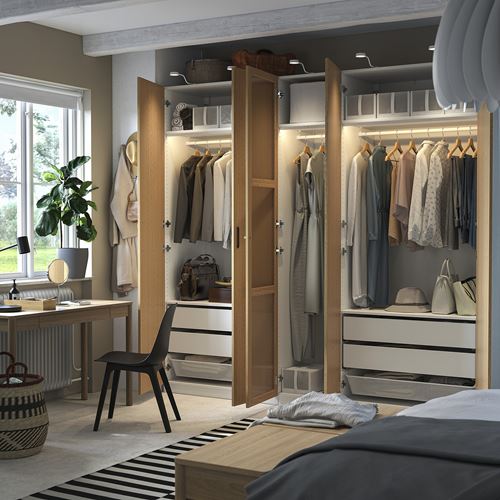 IKEA - PAX/TONSTAD, PAX wardrobe, white-oak veneer glass, 250x60x236 cm