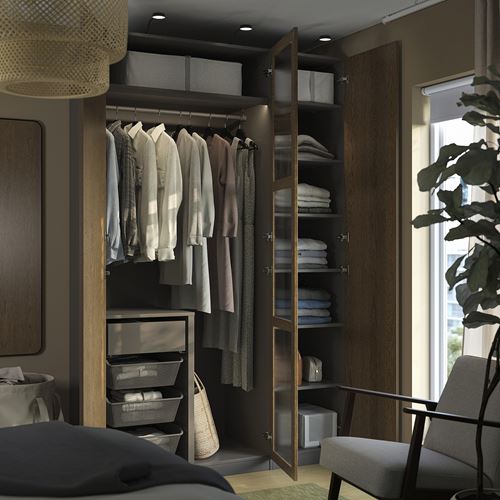 IKEA - PAX/TONSTAD, PAX wardrobe, dark gray brown-oak veneer glass, 150x60x236 cm