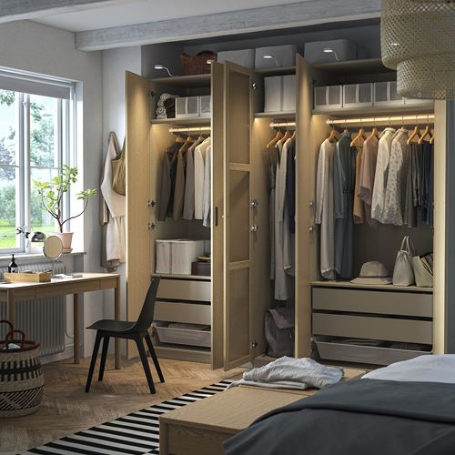 IKEA - PAX/TONSTAD, PAX wardrobe, grey-beige-oak veneer-glass, 250x60x236 cm