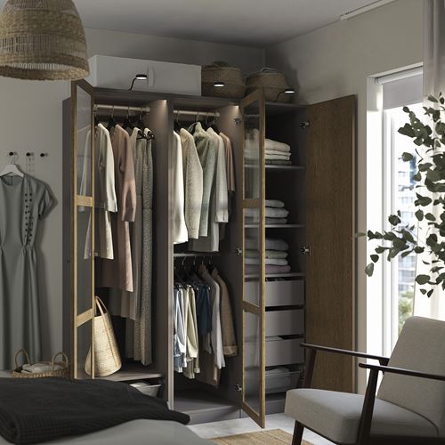 IKEA - PAX/TONSTAD, PAX wardrobe, dark gray brown-oak veneer glass, 150x60x201 cm