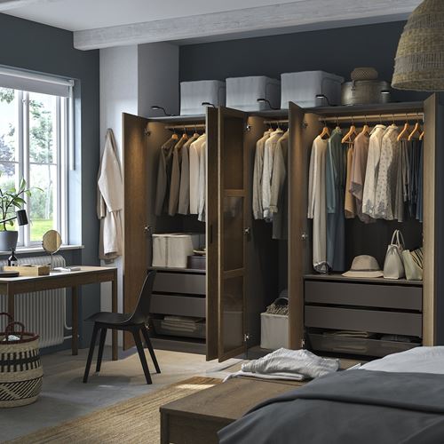 IKEA - PAX/TONSTAD, PAX wardrobe, dark gray brown-oak veneer glass, 250x60x201 cm