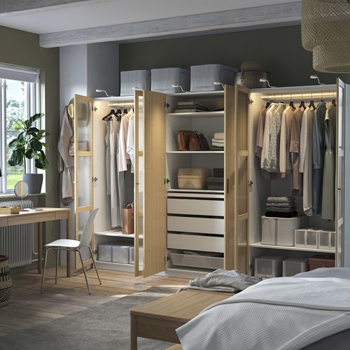 IKEA - PAX/TONSTAD, PAX wardrobe, white-oak veneer glass, 300x60x201 cm