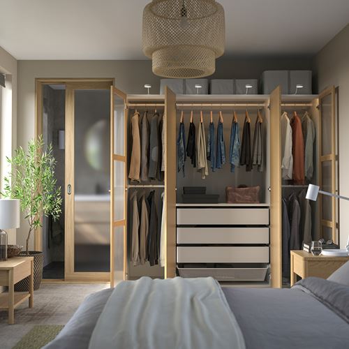 IKEA - PAX/TONSTAD, PAX wardrobe, white-oak veneer glass, 200x60x201 cm