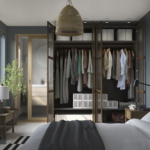 IKEA - PAX/TONSTAD, PAX wardrobe, dark gray brown-oak veneer glass, 200x60x236 cm
