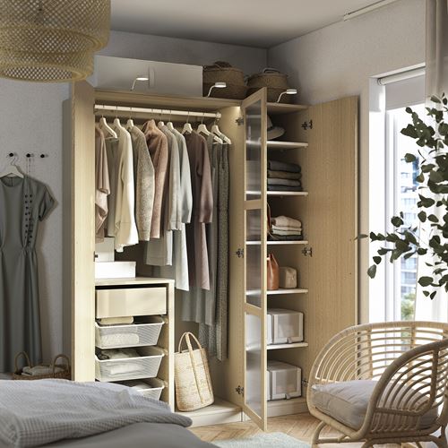 IKEA - PAX/TONSTAD, PAX wardrobe, grey-beige-oak veneer-glass, 150x60x201 cm