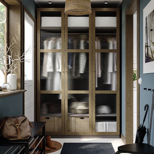IKEA - PAX/TONSTAD, PAX wardrobe, dark gray brown-oak veneer glass, 150x60x236 cm