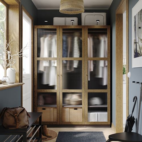 IKEA - PAX/TONSTAD, PAX wardrobe, dark gray brown-oak veneer glass, 150x60x201 cm