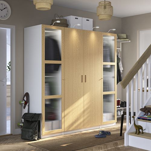 IKEA - PAX/TONSTAD, PAX wardrobe, white-oak veneer glass, 200x60x201 cm