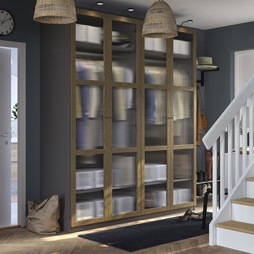 IKEA - PAX/TONSTAD, PAX wardrobe, dark gray brown-oak veneer glass, 200x60x236 cm