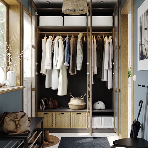 IKEA - PAX/TONSTAD, PAX wardrobe, dark gray brown-oak veneer glass, 150x60x236 cm