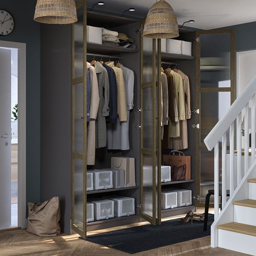 IKEA - PAX/TONSTAD, PAX wardrobe, dark gray brown-oak veneer glass, 200x60x236 cm