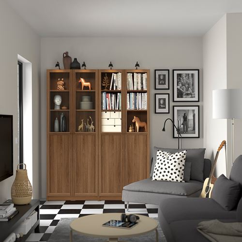 IKEA - BILLY, bookcase with glass/panel doors, brown walnut effect, 160x30x202 cm