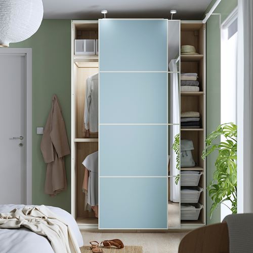 IKEA - PAX/MEHAMN/AULI, PAX sliding door wardrobe, bleached oak effect-light blue-mirror glass, 150x44x236 cm