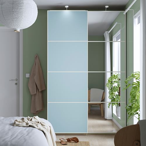 IKEA - PAX/MEHAMN/AULI, PAX sliding door wardrobe, bleached oak effect-light blue-mirror glass, 150x44x236 cm