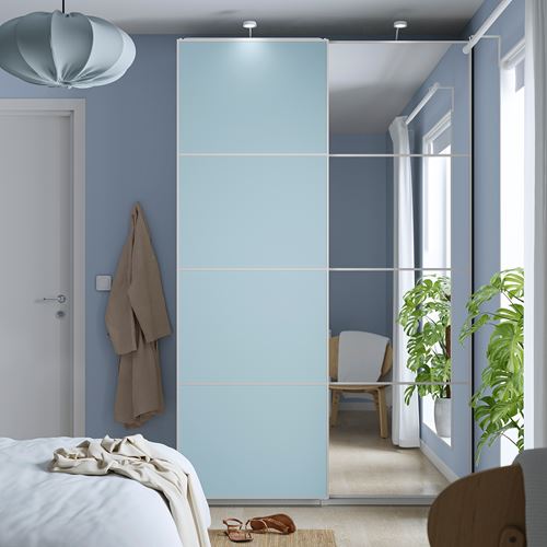 IKEA - PAX/MEHAMN/AULI, PAX sliding door wardrobe, white-light blue, 150x44x236 cm