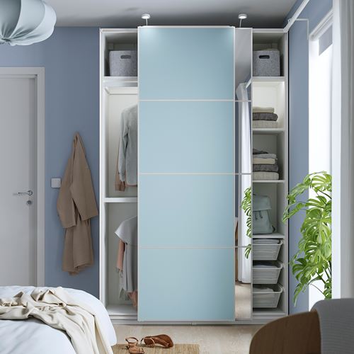 IKEA - PAX/MEHAMN/AULI, PAX sliding door wardrobe, white-light blue, 150x44x236 cm