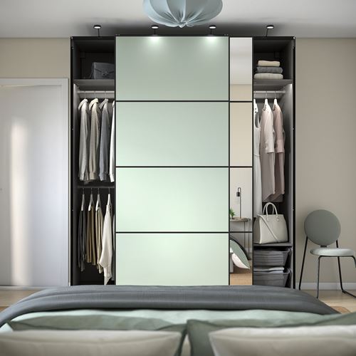 IKEA - PAX/MEHAMN/AULI, PAX sliding door wardrobe, dark gray double-sided-light green mirrored glass, 200x66x236 cm