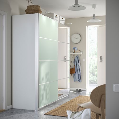 IKEA - PAX/MEHAMN/AULI, PAX sliding door wardrobe, white/light green, 200x66x201 cm