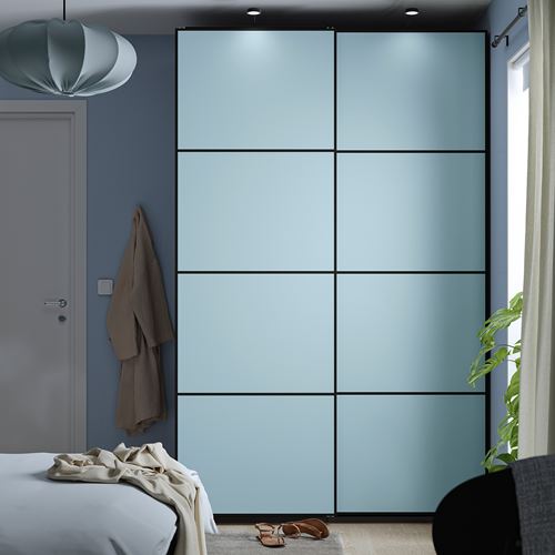 IKEA - PAX/MEHAMN, PAX sliding door wardrobe, dark grey-double-sided light blue, 150x66x236 cm