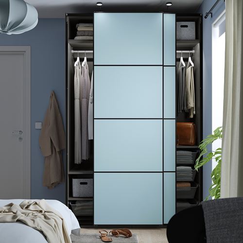 IKEA - PAX/MEHAMN, PAX sliding door wardrobe, dark grey-double-sided light blue, 150x66x236 cm