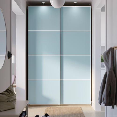 IKEA - PAX/MEHAMN, PAX sliding door wardrobe, bleached oak look-light blue, 150x66x236 cm