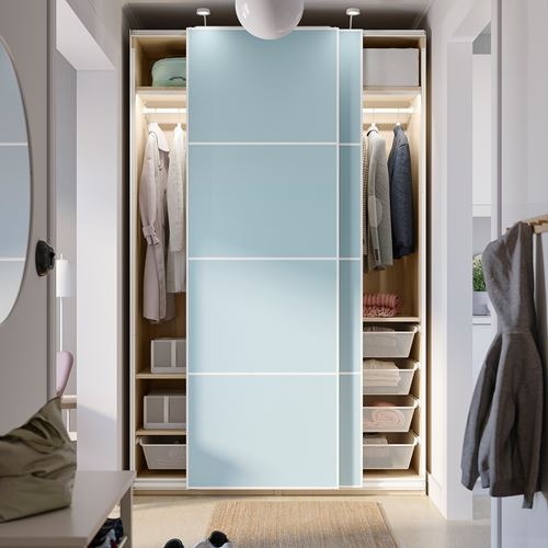 IKEA - PAX/MEHAMN, PAX sliding door wardrobe, bleached oak look-light blue, 150x66x236 cm