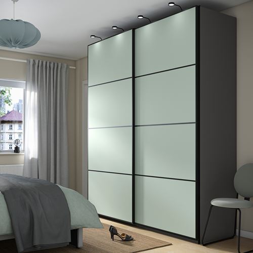 IKEA - PAX/MEHAMN, PAX sliding door wardrobe, dark grey-light green, 200x66x236 cm