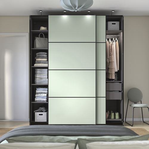 IKEA - PAX/MEHAMN, PAX sliding door wardrobe, dark grey-light green, 200x66x236 cm