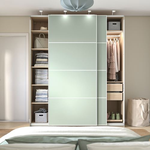 IKEA - PAX/MEHAMN, PAX sliding door wardrobe, white stained oak effect/light green, 200x66x236 cm