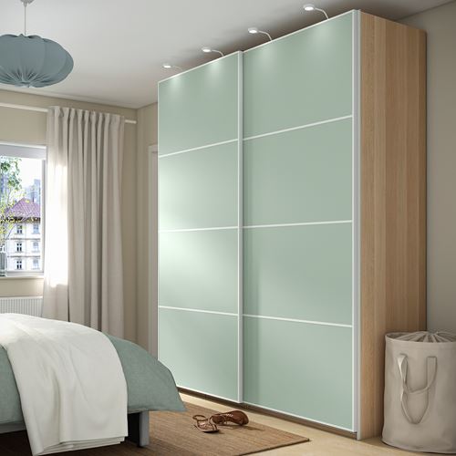 IKEA - PAX/MEHAMN, PAX sliding door wardrobe, white stained oak effect/light green, 200x66x236 cm