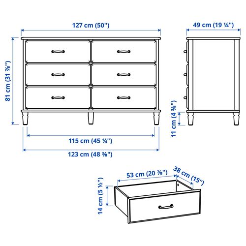 IKEA - TYSSEDAL, 6 çekmeceli şifonyer, beyaz, 127x81 cm