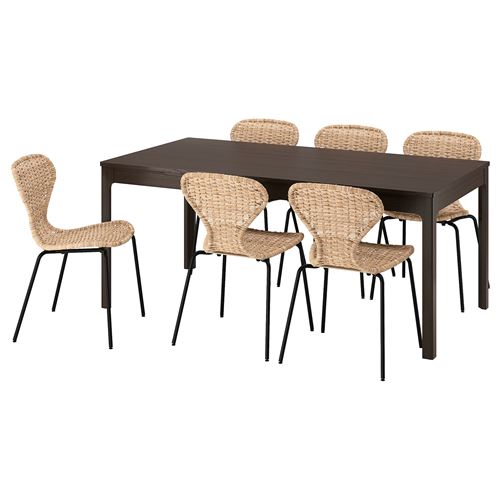 IKEA - EKEDALEN/ALVSTA/SEFAST, dining set, dark brown-rattan/black, 6 chairs