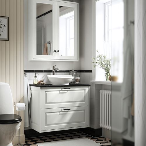 IKEA - TANNFORSEN/TOLKEN/VASTERSJÖN, wash-basin and cabinet, white-black marble appearance, 82x49x79 cm