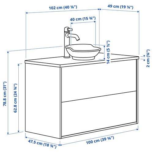 IKEA - TANNFORSEN/TOLKEN/VASTERSJÖN, lavabo dolabı kombinasyonu, beyaz-beyaz mermer görünüm, 102x49x79 cm