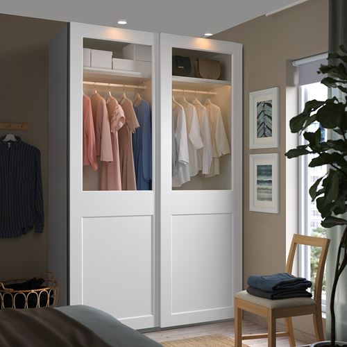 IKEA - PAX/GRIMO, PAX sliding door wardrobe, white/transparent glass, 150x66x236 cm