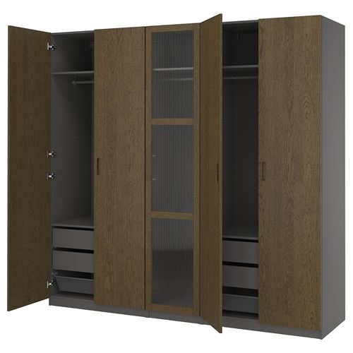 IKEA - PAX/TONSTAD, PAX wardrobe, dark gray brown-oak veneer glass, 250x60x236 cm