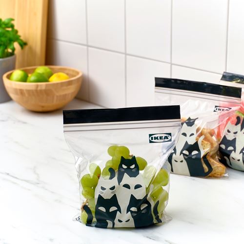 IKEA - KUSTFYR, kilitlenebilir buzdolabı poşeti, kedi deseni gri, 1 lt