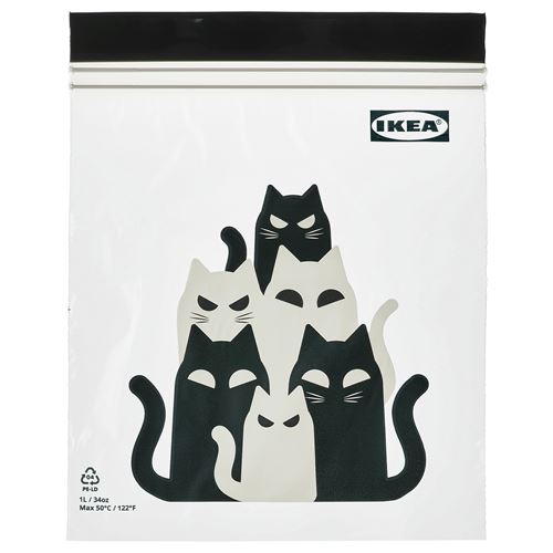 IKEA - KUSTFYR, kilitlenebilir buzdolabı poşeti, kedi deseni gri, 1 lt