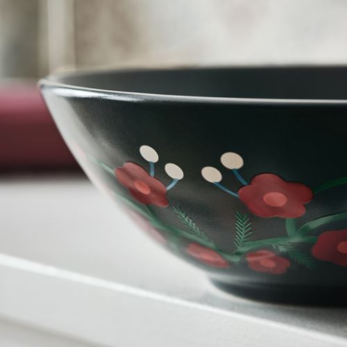 IKEA - VINTERFINT, ceramic bowl, flower pattern-dark grey, 16 cm