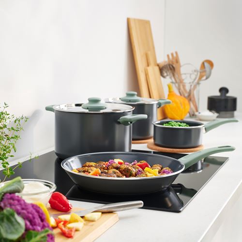 IKEA - HEMLAGAD, tencere seti, açık gri-yeşil